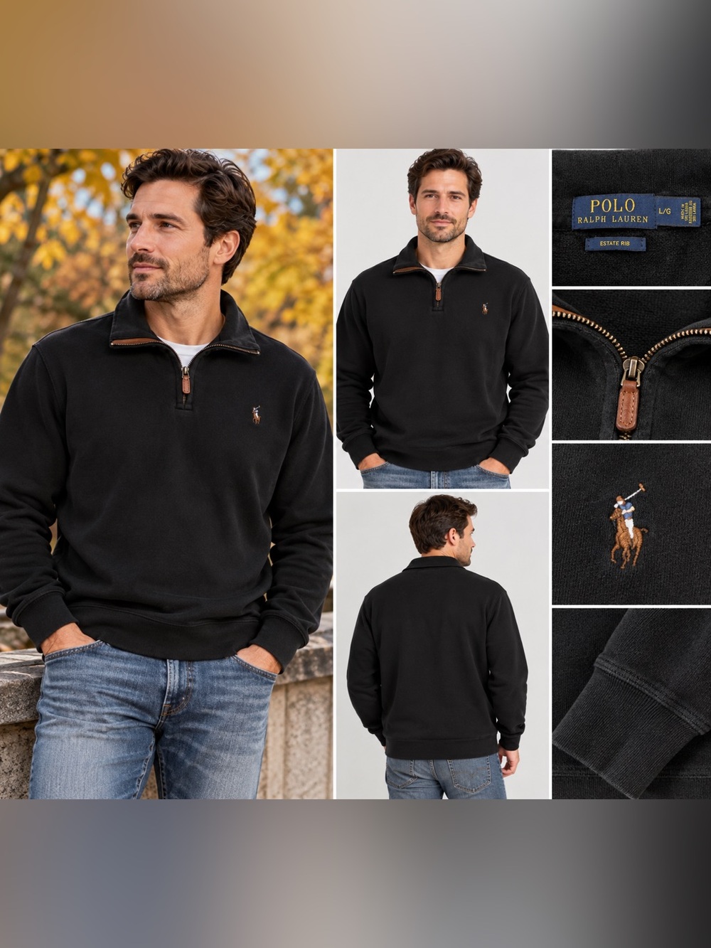 Polo Ralph Lauren Estate Rib Quarter Zip Cotton Pullover Black Men's L